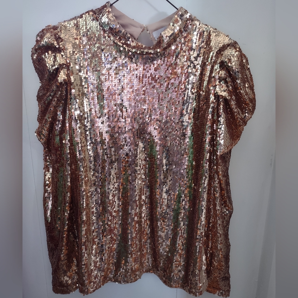 Sparkling Gold Sequins XL Top  Puffy Sleeves - Picture 8 of 11